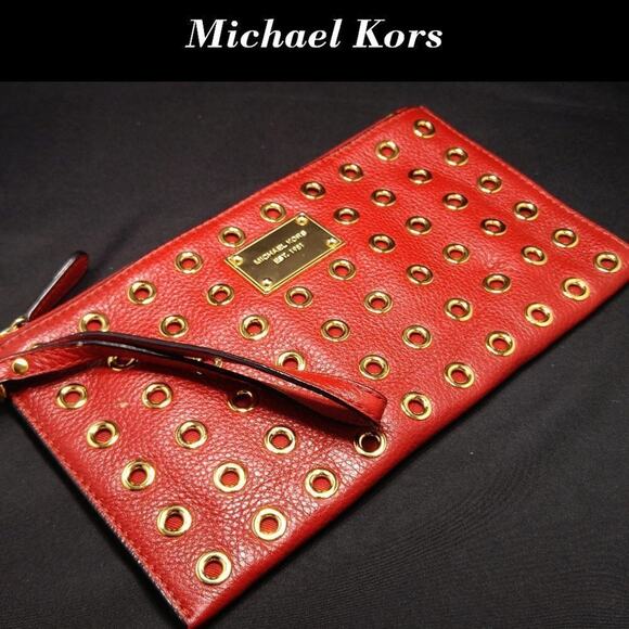 Michael Kors Red Leather Grommet Studded Wristlet Clutch, 10 Inch by 5 1/2 Inch - Picture 1 of 8
